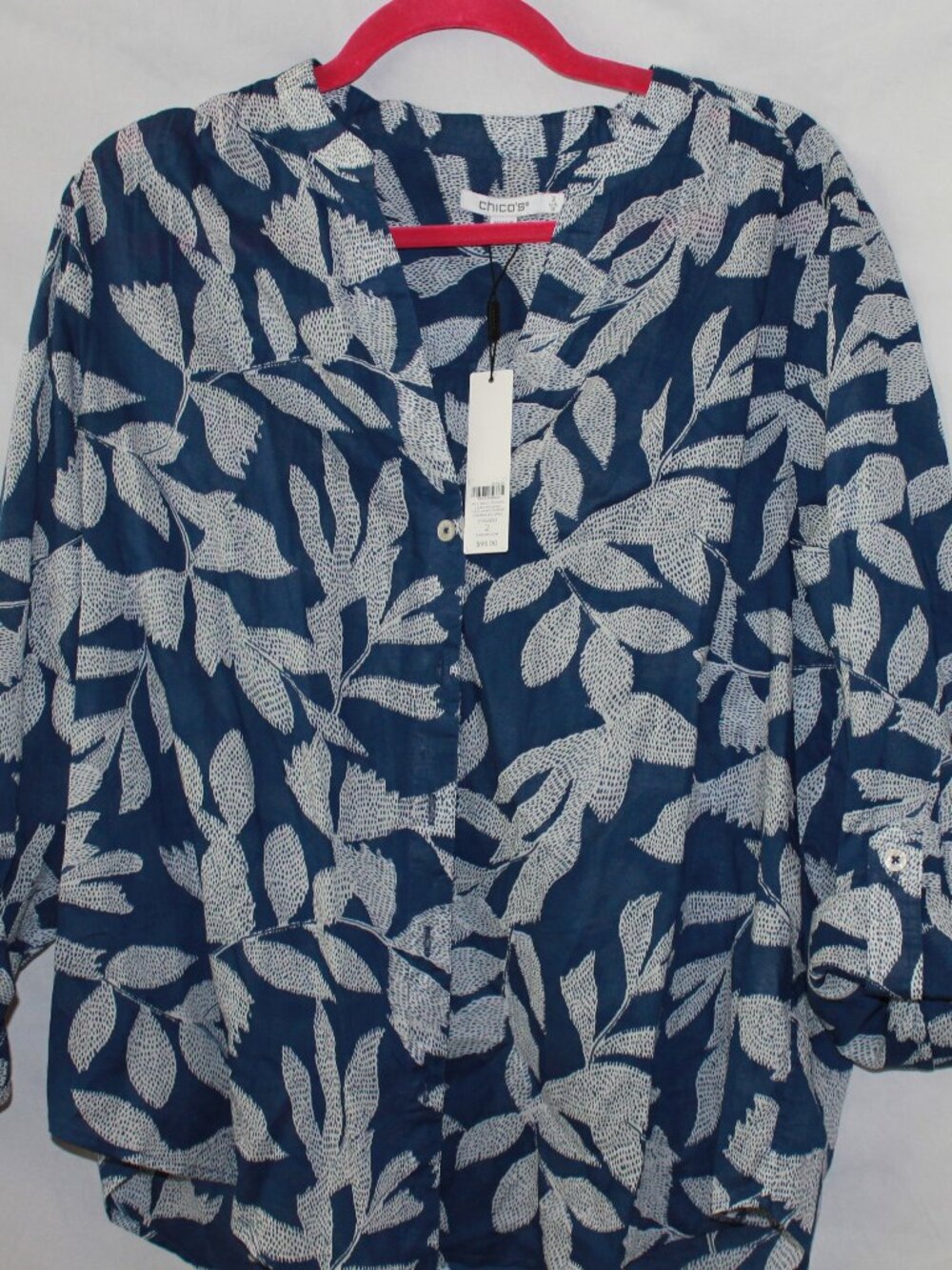 Chico's Cotton Roll Tab Leafy Etching Top